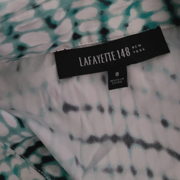 Lafayette 148 New York women's button down shirt stretch sz. 8 white/green/black - Picture 8 of 10